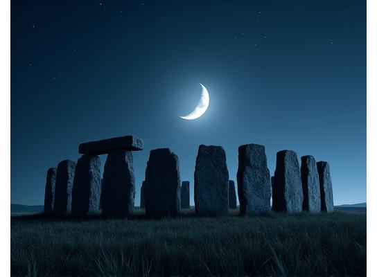 An ancient stone observatory structure illuminated by the crescent moon.