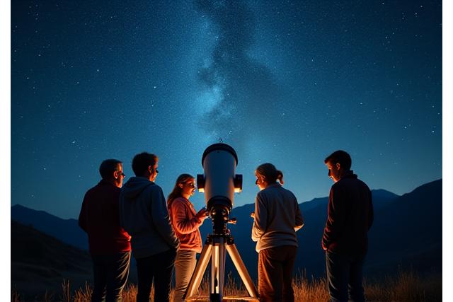 A group of people standing around a large telescope under a starry night sky during an astronomical tour.