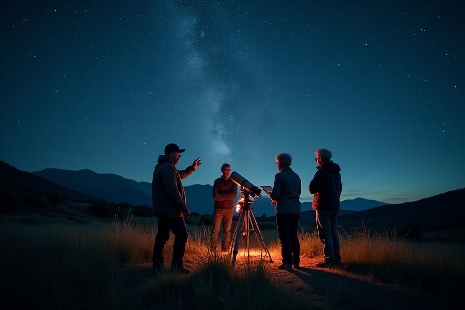 Group of people stargazing with a telescope, guided by an expert